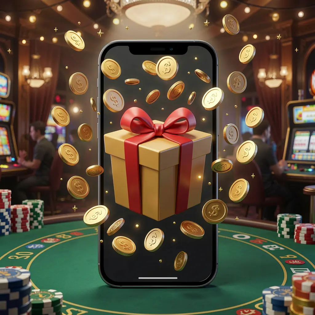 q88o mobile casino bonus app concept showing a phone screen with a gift box and coins bursting out in a festive casino atmosphere with premium 3D illustration