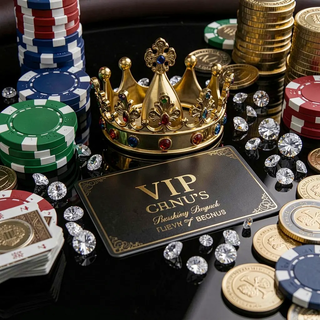 VIP casino bonus concept featuring q88o golden crown, luxury membership card, poker chips, diamonds, and coins on a glossy black table in an elegant premium style