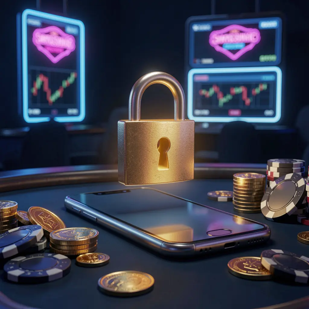 q88o casino login security image showing a glowing padlock floating above a smartphone with golden coins and chips scattered around on a dark blue neon background