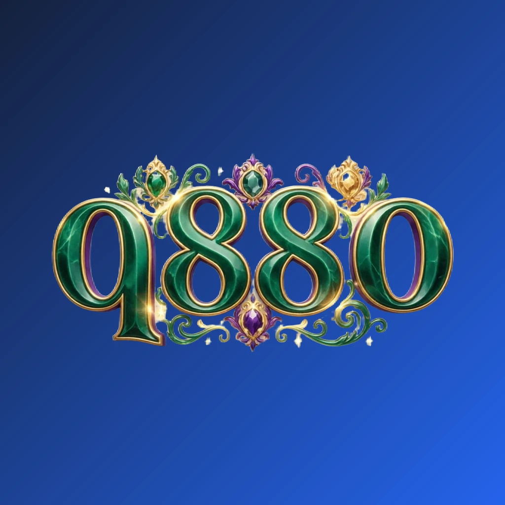 Luxury colorful q88o logo featuring bold serif typography in rich emerald, violet, and gold with elegant glowing ornaments on a transparent background, designed as a horizontal rectangular wordmark for a premium brand identity