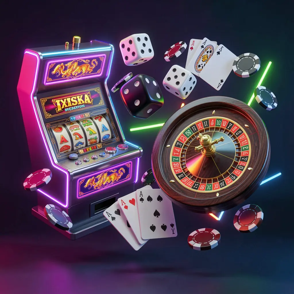 Colorful 3D render of a casino games collection featuring slot machine, roulette wheel, dice, playing cards, and poker chips with neon lights, representing q88o's responsible gaming homepage visual